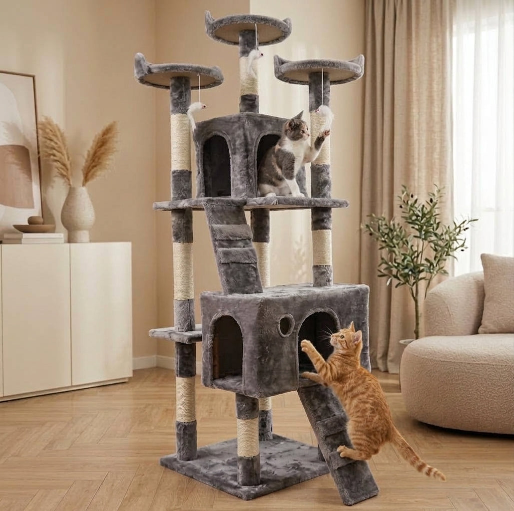 Arbre à chat 170 cm gris avec chat blanc en intérieur