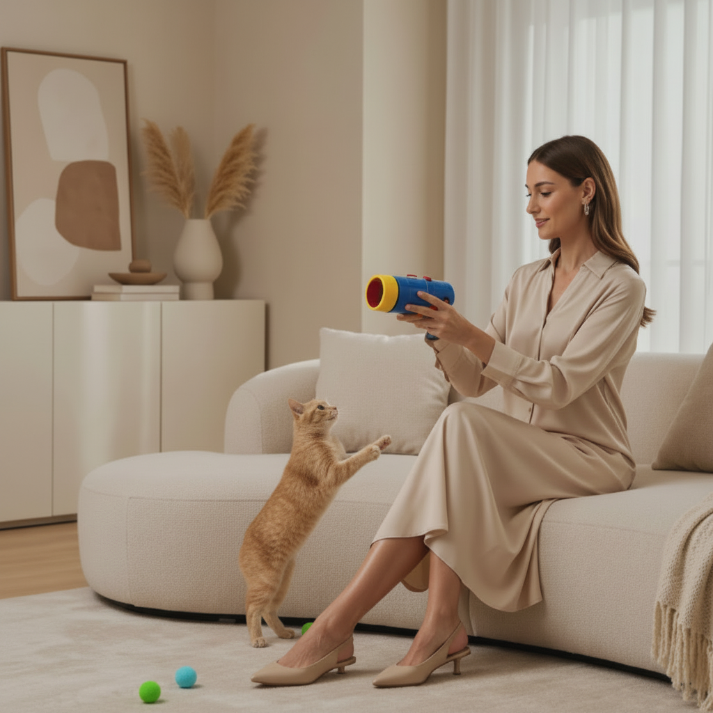 Chat jouant avec un lanceur de pompons