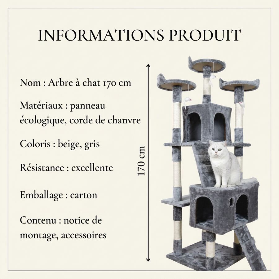 Informations produit et dimensions 170 cm de l'arbre à chat