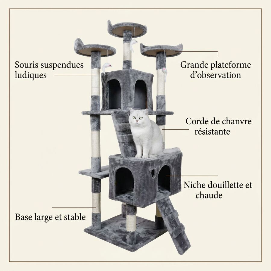 Détails de l'arbre à chat : plateformes, corde de chanvre, niche