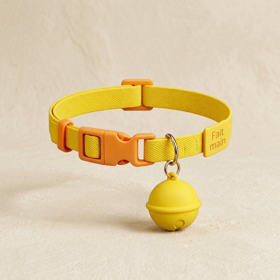 Collier GPS jaune pour chat sur fond ivoire CatsLova