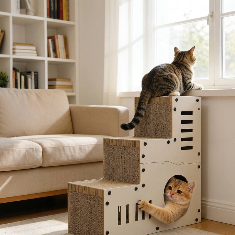 Grattoir escalier en carton ondulé pour chat dans un salon lumineux